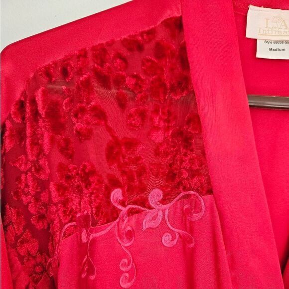 Vntg L.A. Intimates 2 Piece Red Satin Floral Velvet Embellished Robe Slip Set M - Picture 10 of 12